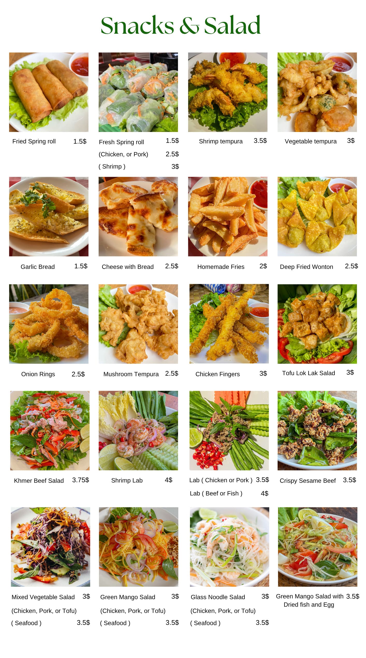 Nick Restaurant Snacks and Salad Menu