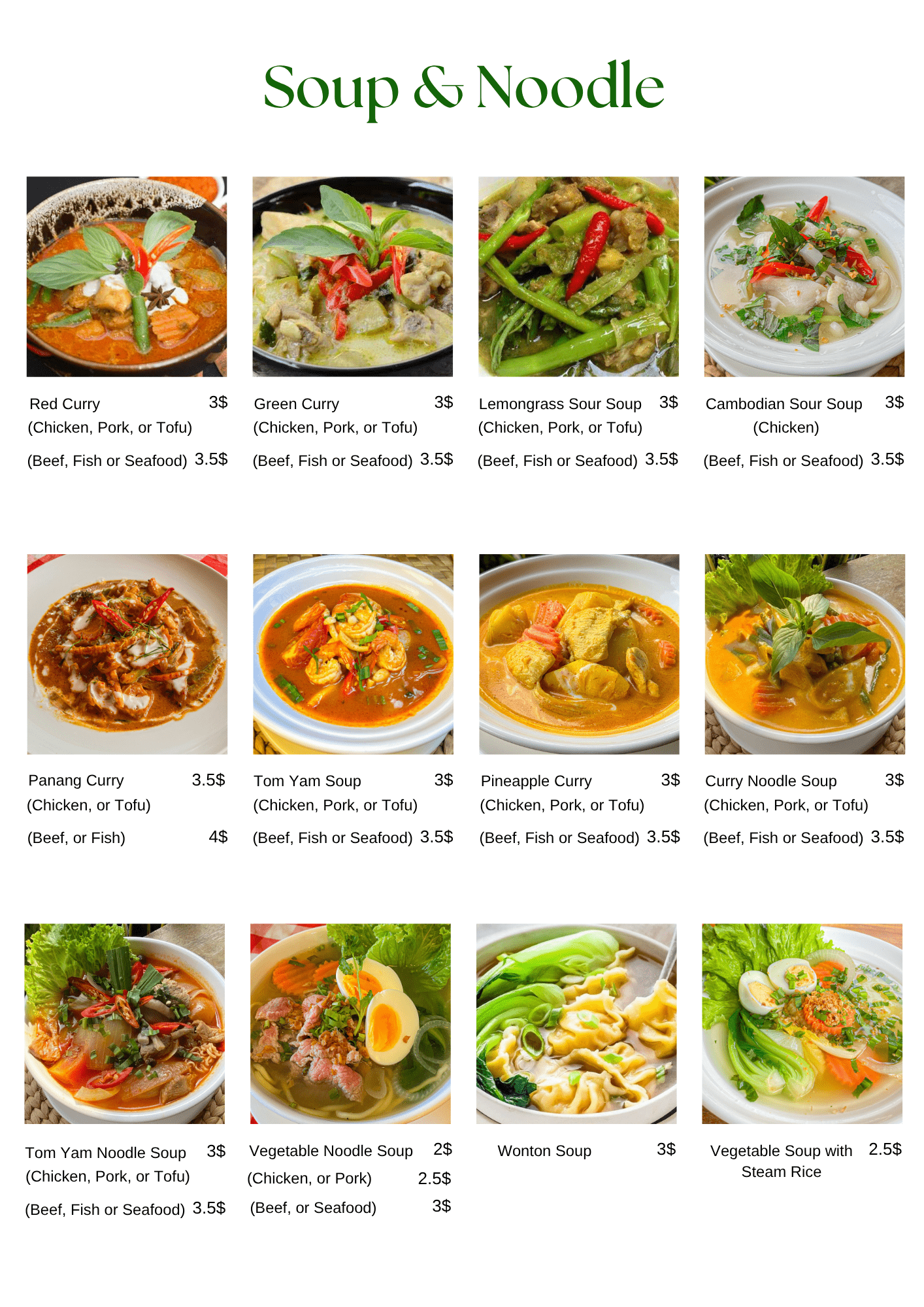 Nick Restaurant Soup and Noodle Menu
