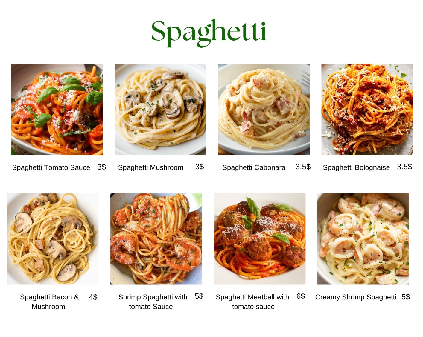 Nick Restaurant Spaghetti Menu