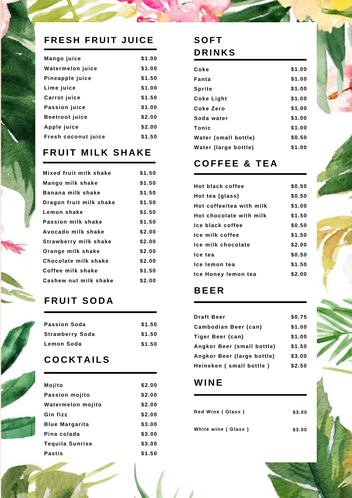 Nick Restaurant Drinks Menu